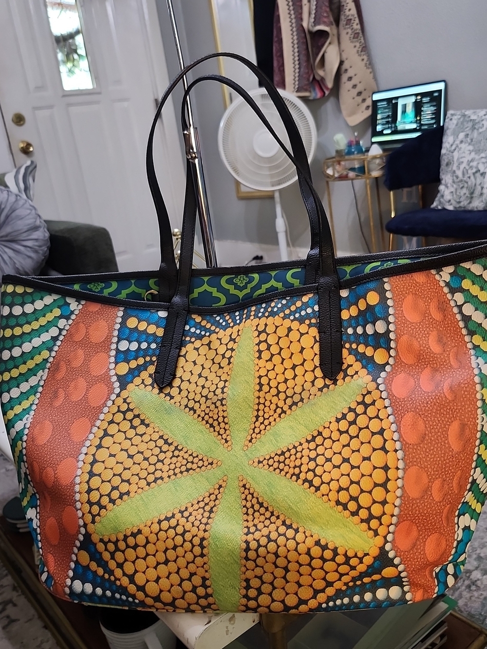 OrYany Colorful Patterned Tote Bag - Teal, Orange & Yellow EUC Lux Designer
